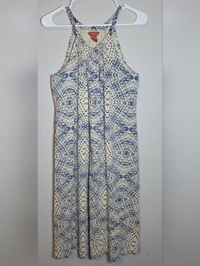 Sundance Blue White Ikat Halter Dress M Boho Geometric Sleeveless Cotton Silk